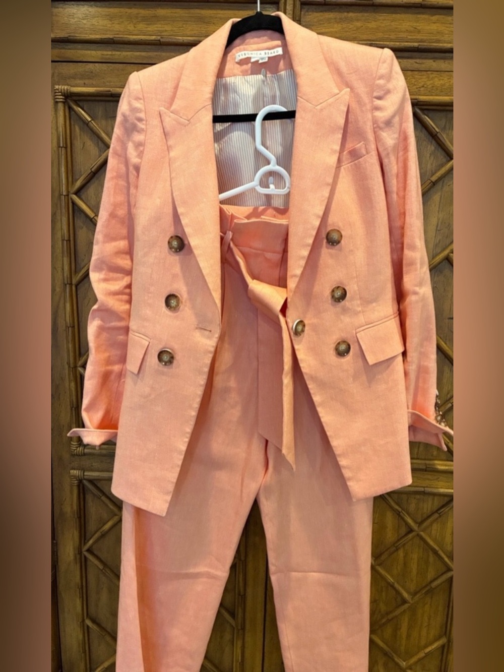 Veronica Beard Double-Breasted Coral Linen Blazer & Pants Suit - nwt size 8